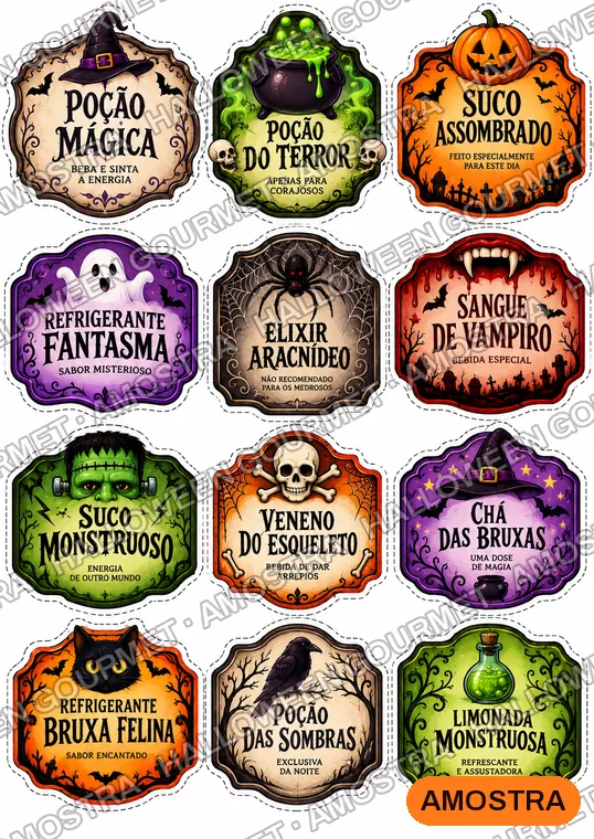 Folha com 12 rótulos de bebidas como Poção Mágica e Sangue de Vampiro