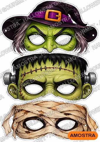 Página 14: Máscaras: bruxa, Frankenstein e múmia
